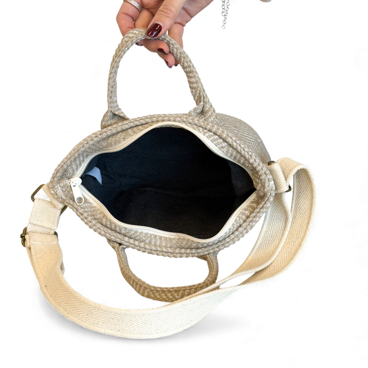 Open DE LA MUR Arena basket handbag showing the black lined interior