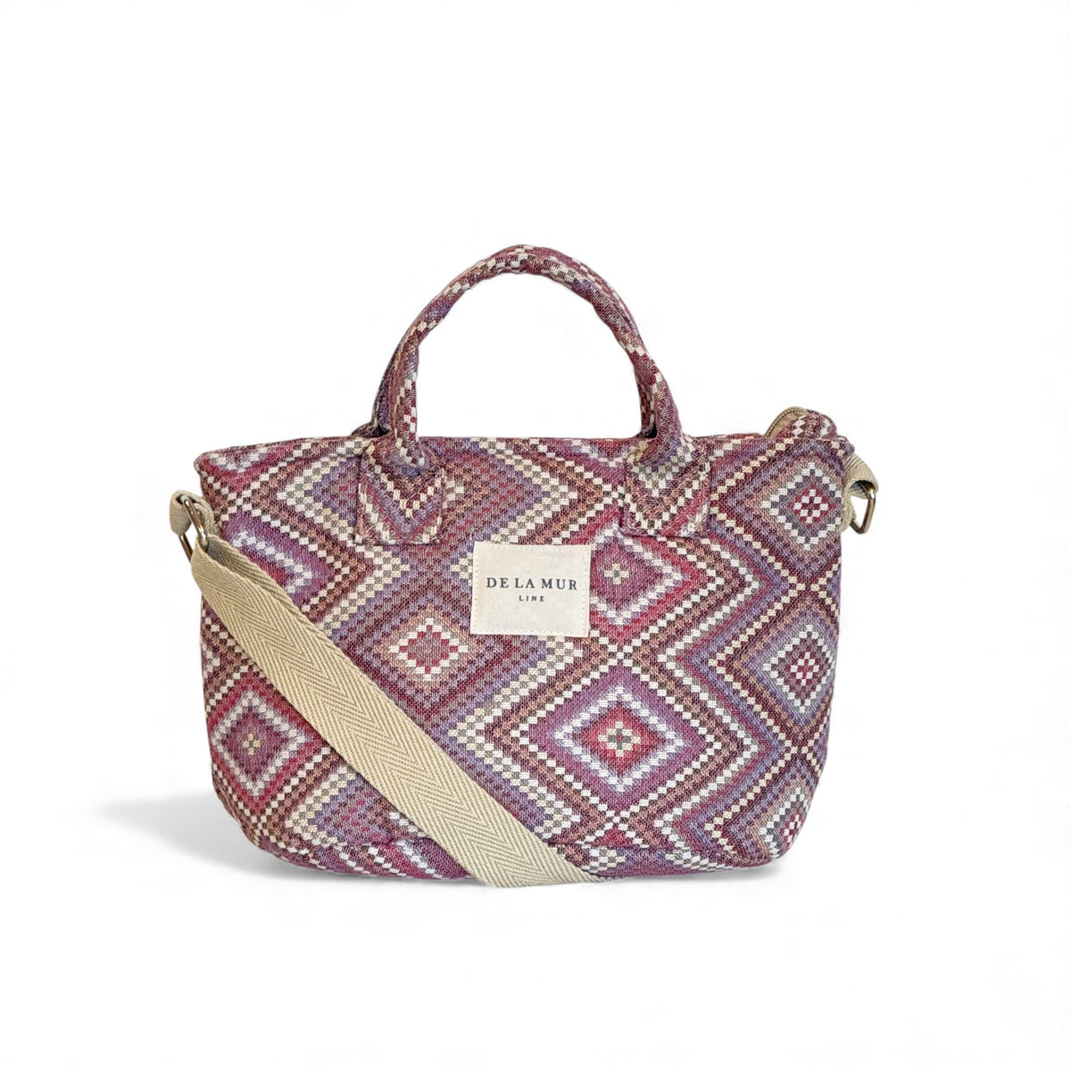 DE LA MUR Nana geometric jacquard basket handbag in beige and lilac, front view