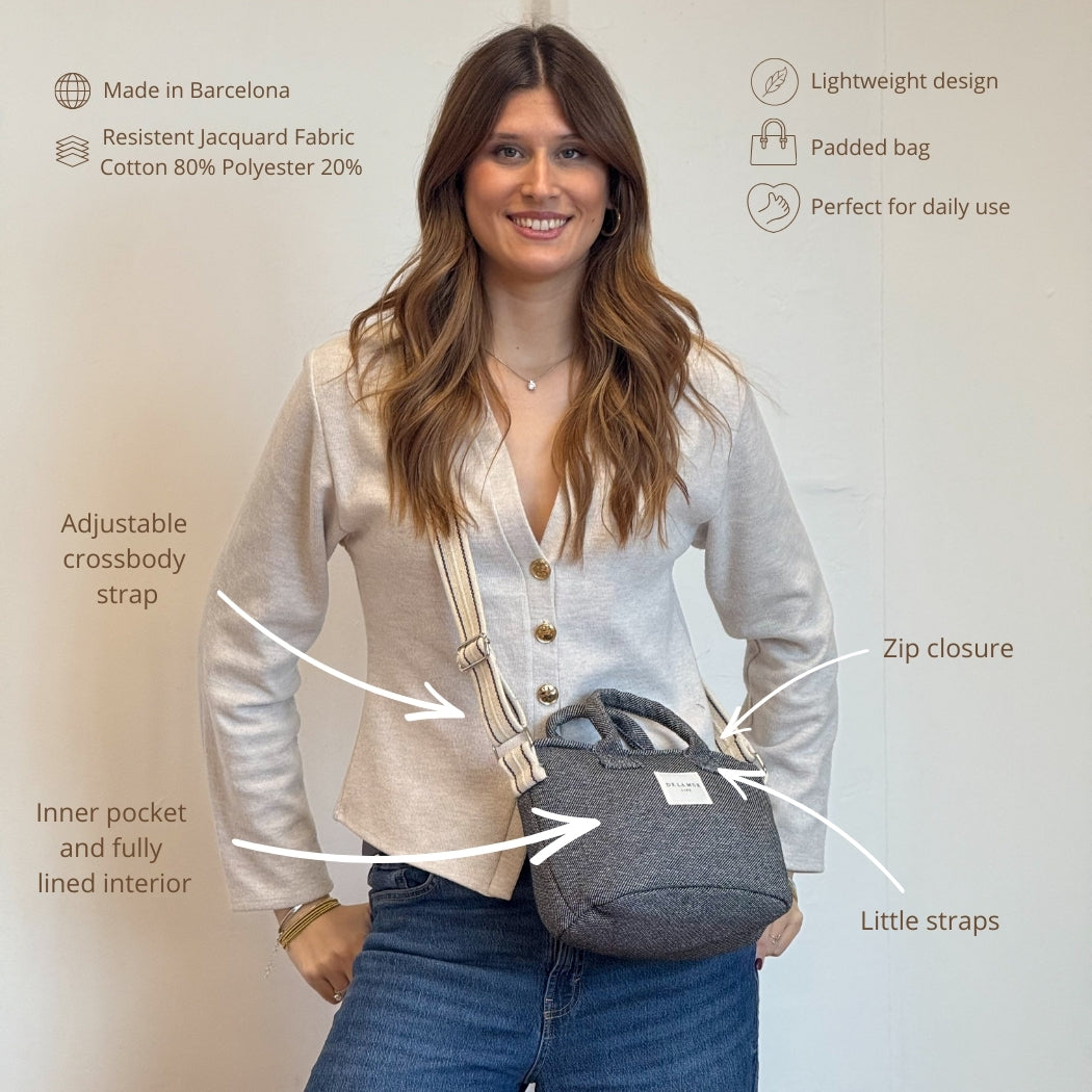 Model wearing the DE LA MUR Sinay herringbone basket bag crossbody, features infographic