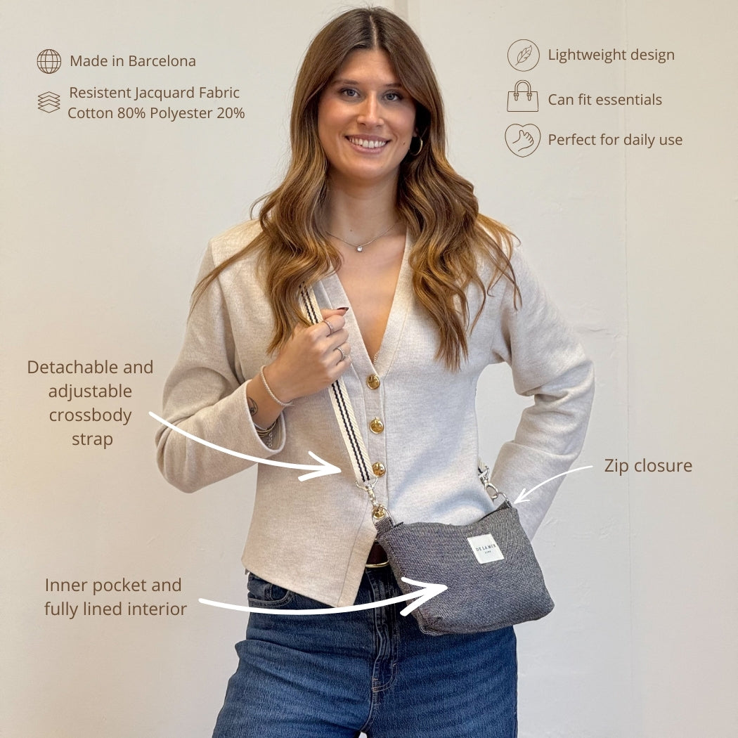 Model wearing the DE LA MUR Sinay striped jacquard clutch crossbody, features infographic