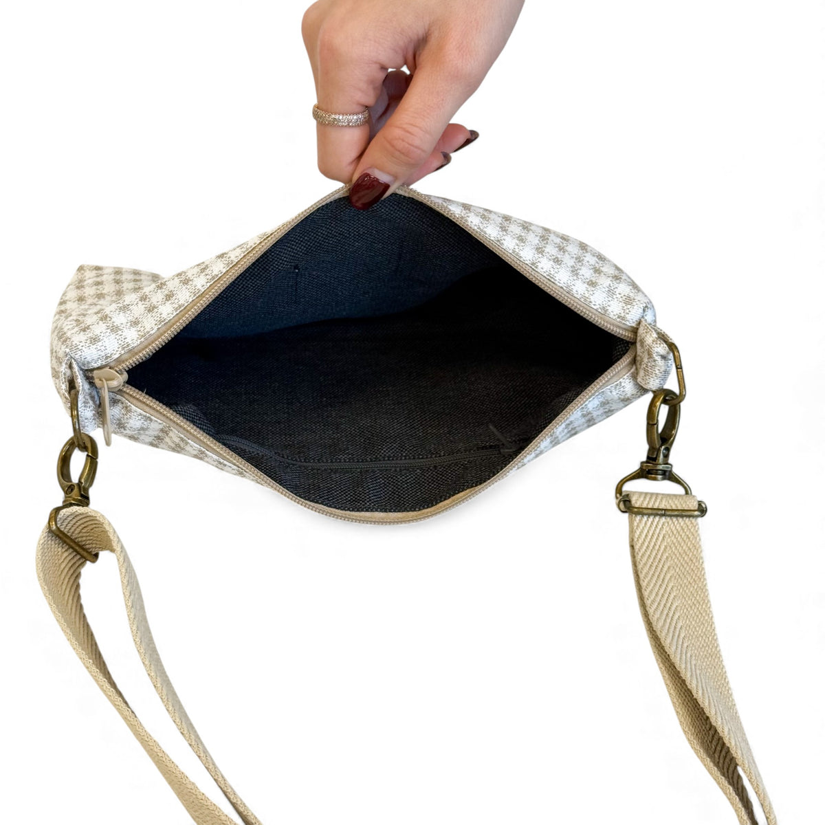 Open DE LA MUR Vison gingham clutch showing the dark lined interior and inner pocket