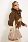 Faux Suede Large Shoulder Bag – Taupe & Beige (Noce)