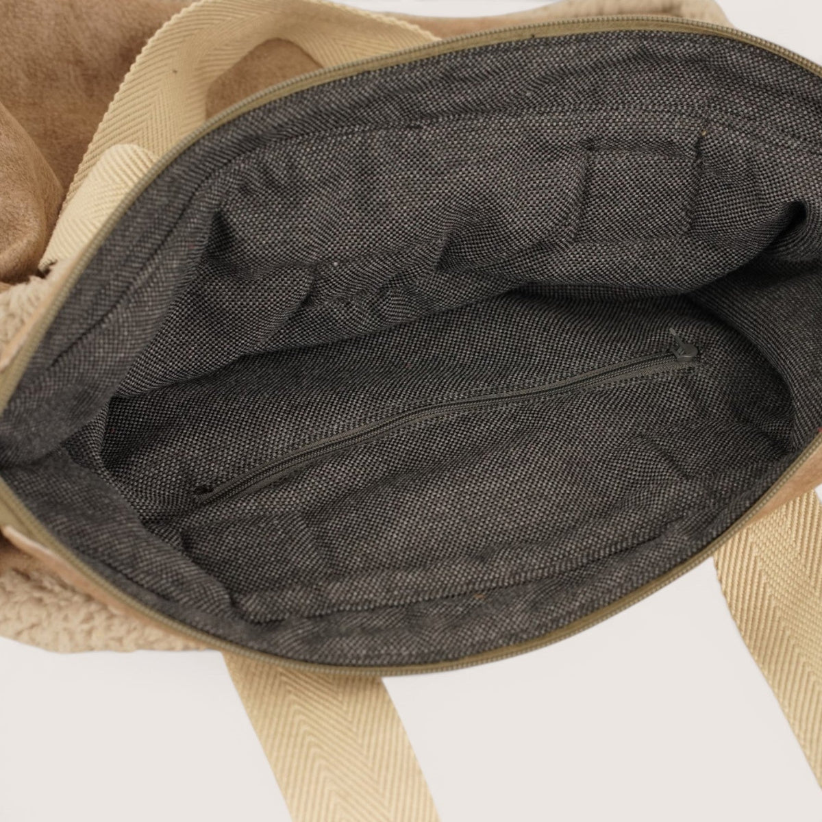 Open DE LA MUR Noce shoulder bag showing the lined interior with zip pocket