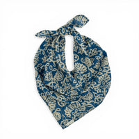 DE LA MUR blue floral chiffon square scarf knotted, front view