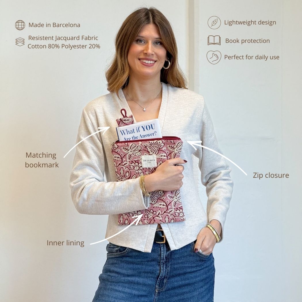 Model holding DE LA MUR Came floral book cover and bookmark with features infographic