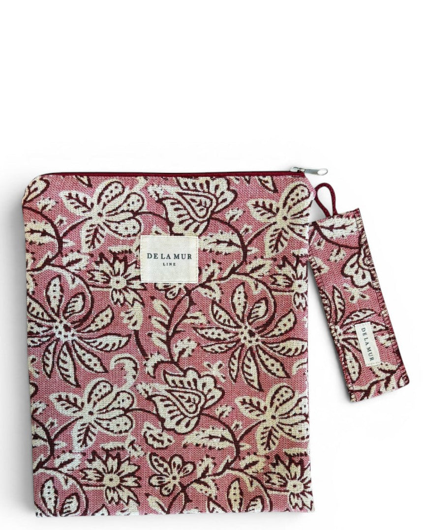 DE LA MUR Came floral jacquard book cover in pink with matching bookmark, front view