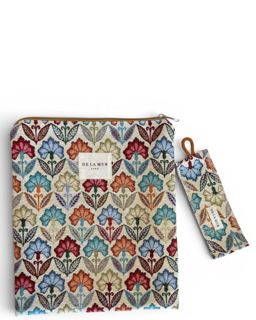 DE LA MUR Flora floral jacquard book cover in multicolor with matching bookmark, front view