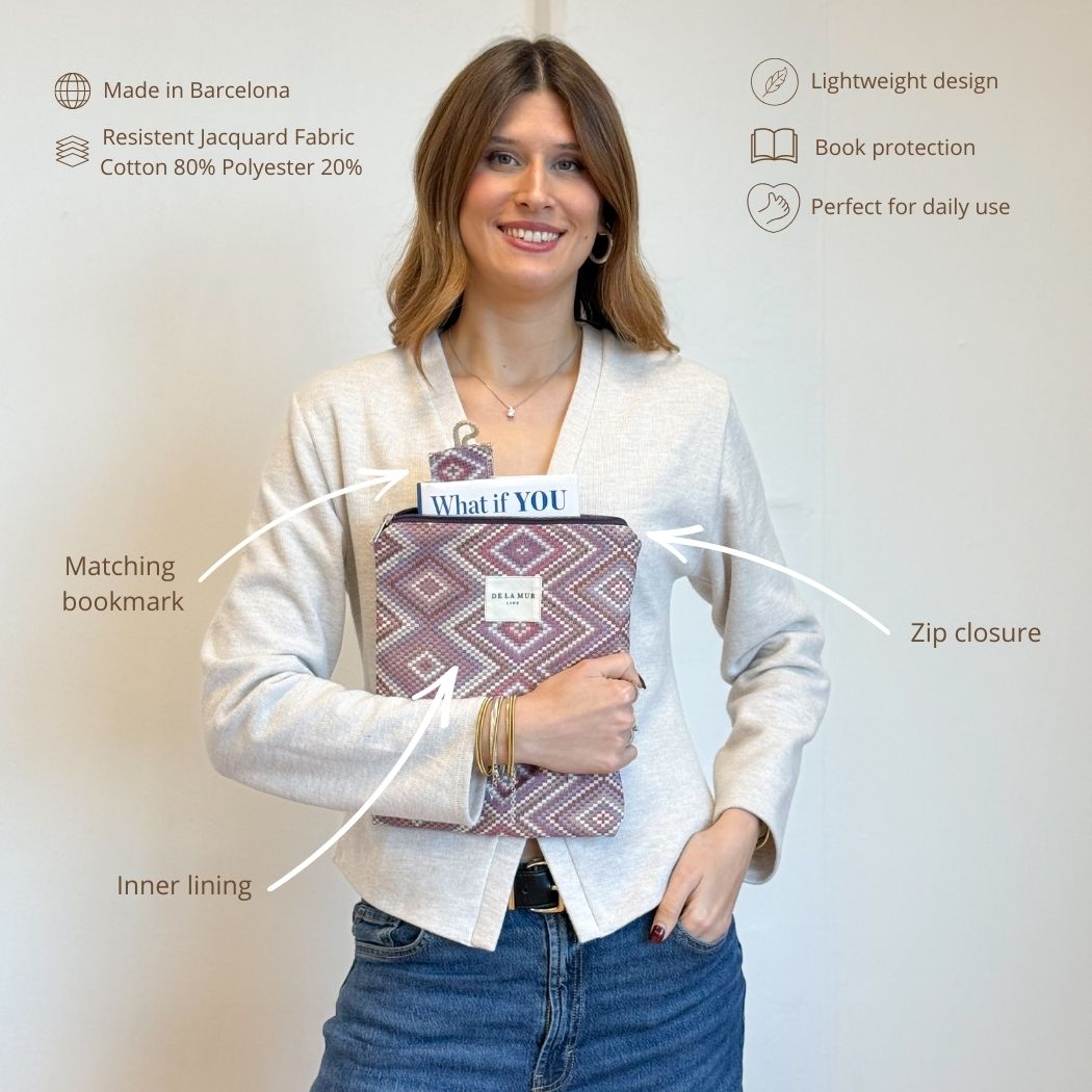 Model holding the DE LA MUR Nana geometric book cover with callouts for bookmark and zip