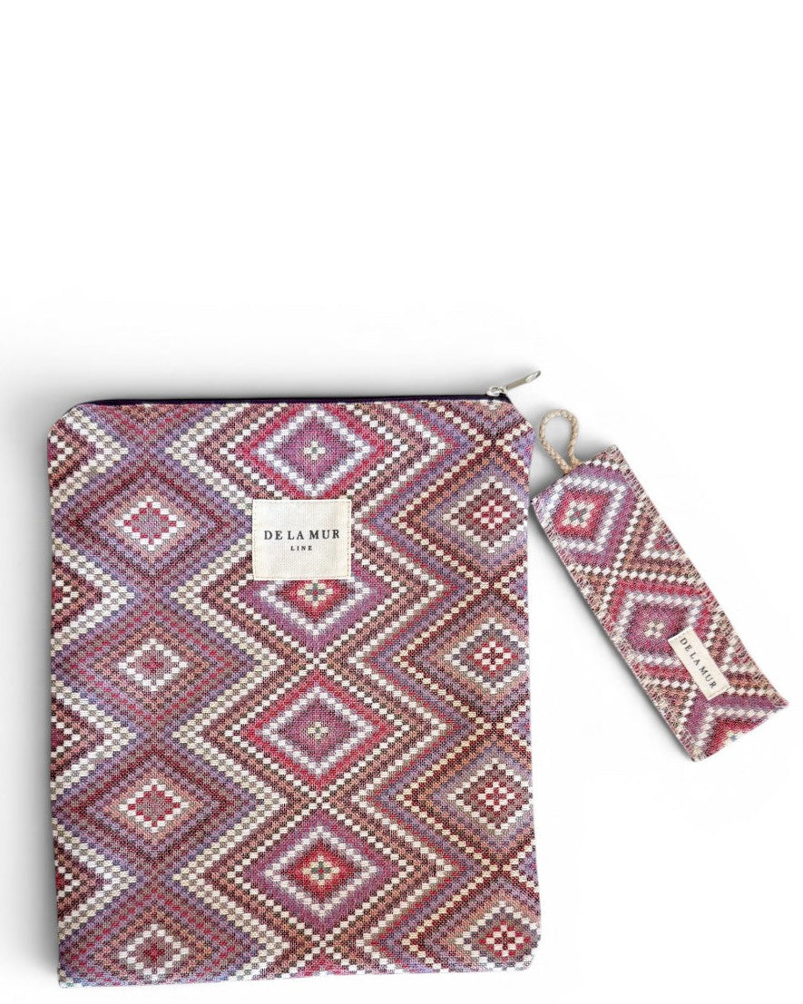 DE LA MUR Nana geometric jacquard book cover in pink and lilac diamonds with matching bookmark, front view