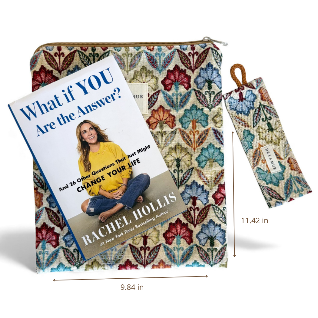 DE LA MUR Flora book cover dimensions diagram in inches with book and bookmark
