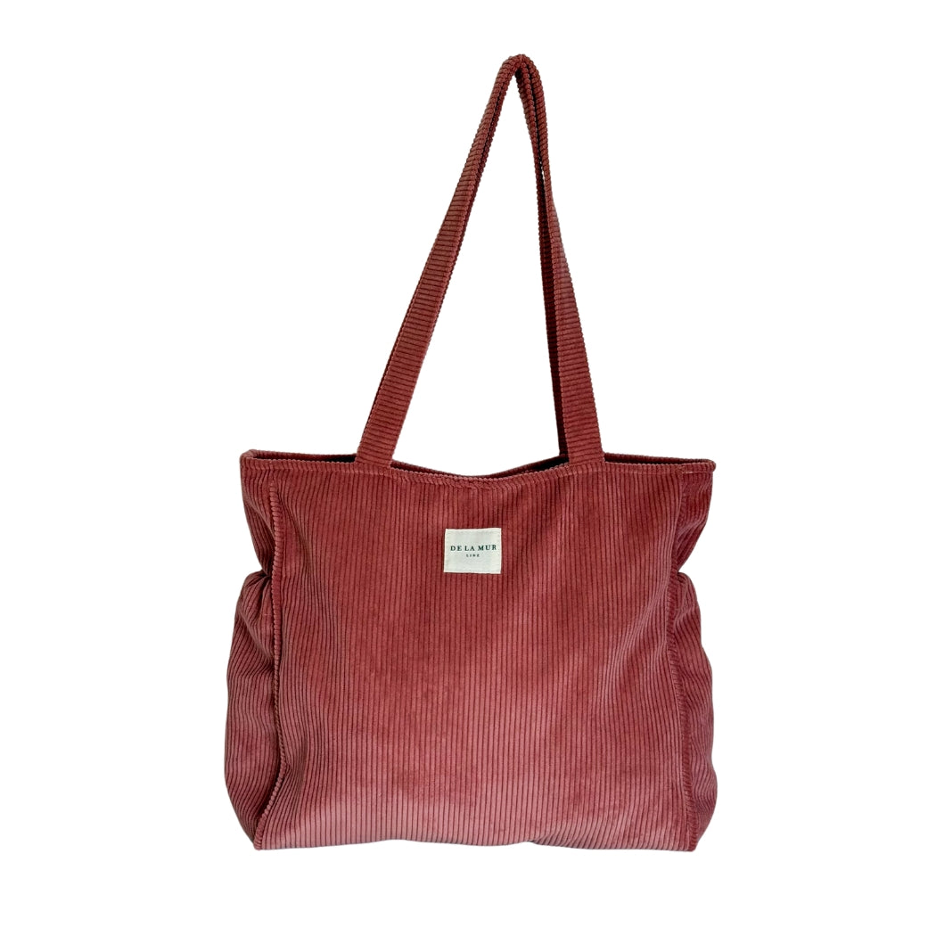 DE LA MUR coral corduroy zippered tote bag, front view with shoulder straps
