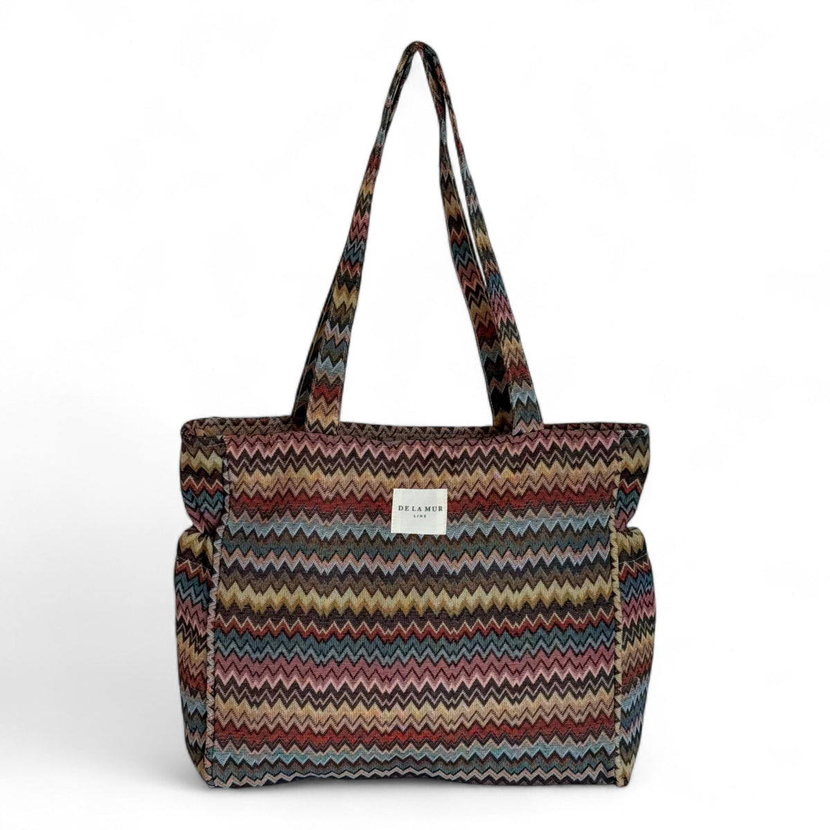 DE LA MUR Monte zigzag jacquard zippered tote bag in Missoni-style colors, front view