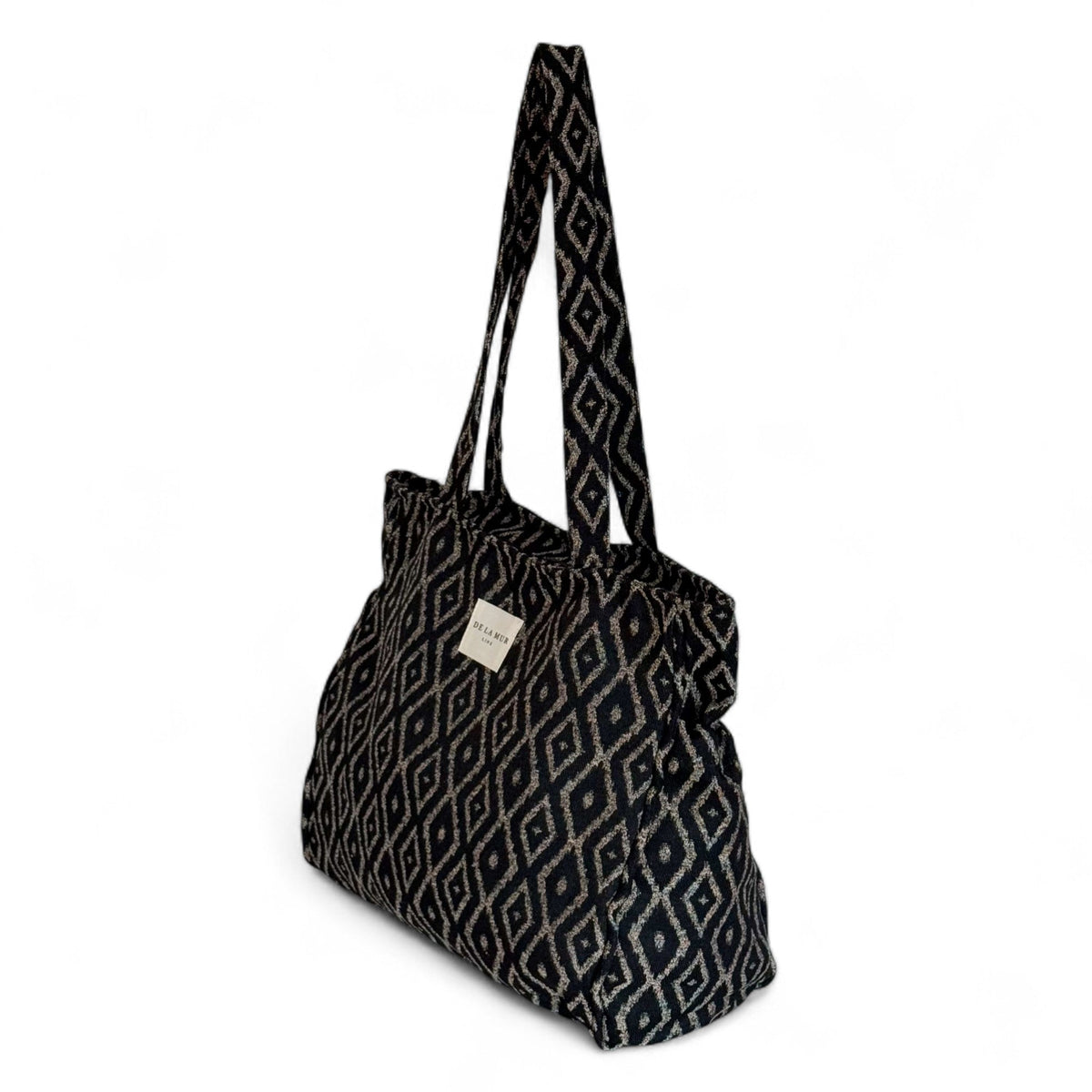 DE LA MUR geometric jacquard tote bag, three-quarter side view showing depth