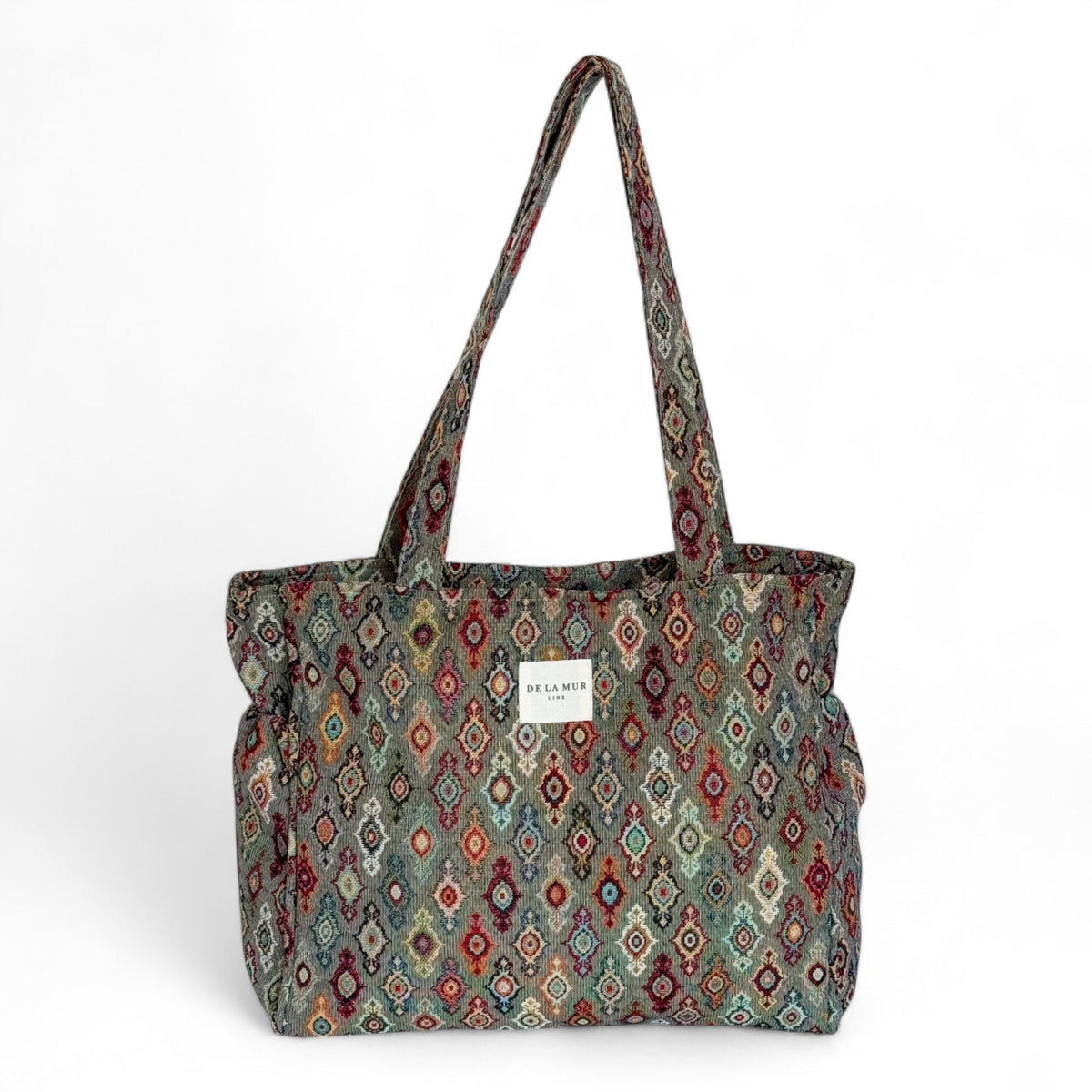 DE LA MUR Trigo multicolor geometric jacquard zippered tote bag, front view