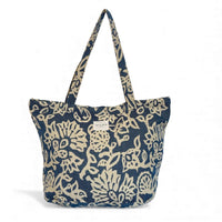 DE LA MUR Akay floral jacquard large zippered tote bag in blue and off-white, front view