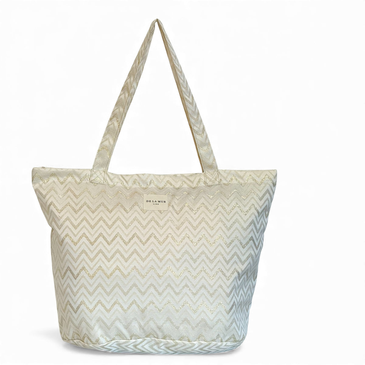 DE LA MUR Astro zigzag tote bag in gold and off-white, front view