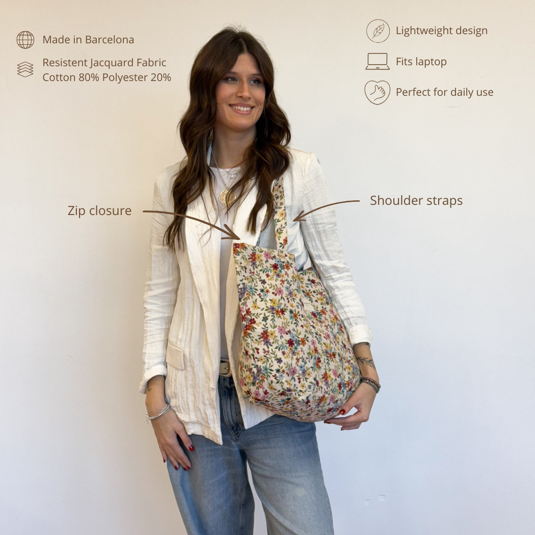 Model carrying DE LA MUR floral Blum tote on the shoulder with feature callouts