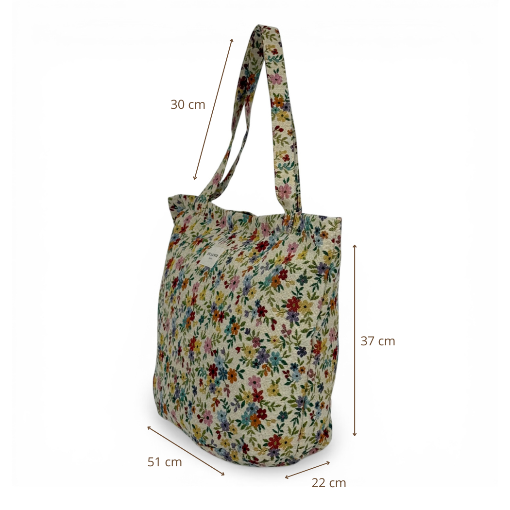 DE LA MUR floral Blum tote bag dimensions diagram in centimeters