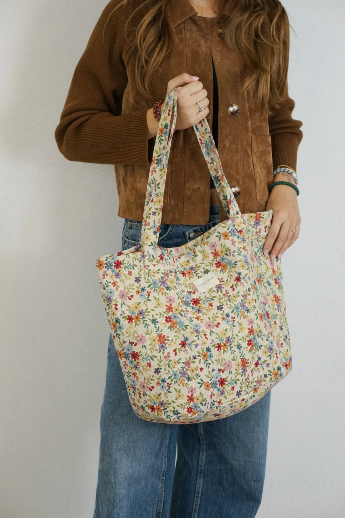 DE LA MUR Blum floral jacquard large zippered tote bag, close-up of the fabric texture