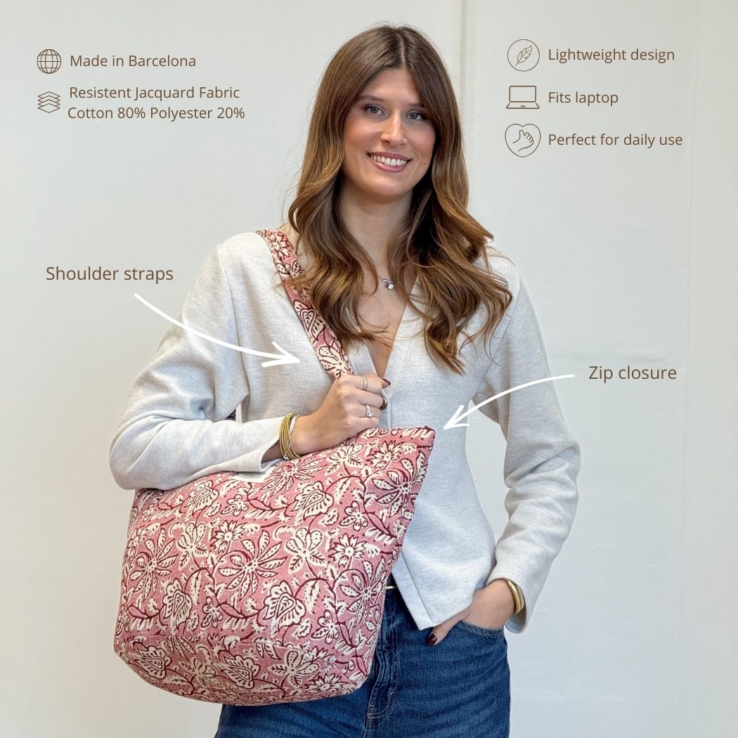 Model wearing the DE LA MUR Came floral tote, features infographic