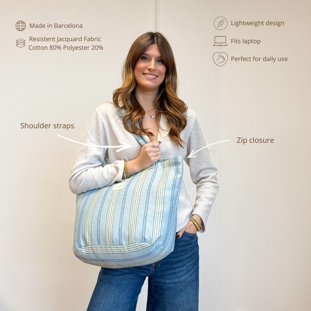 Striped Jacquard Large Zippered Bag – Blue & Green (Cata)