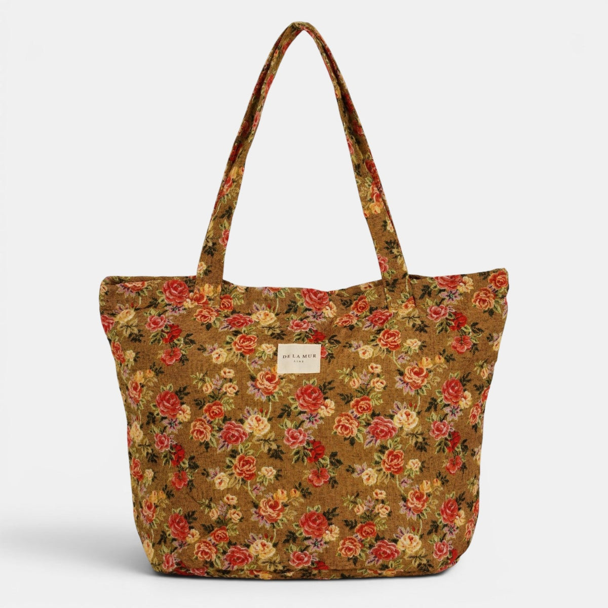 DE LA MUR Esme floral jacquard large zippered bag in mustard and red, front view