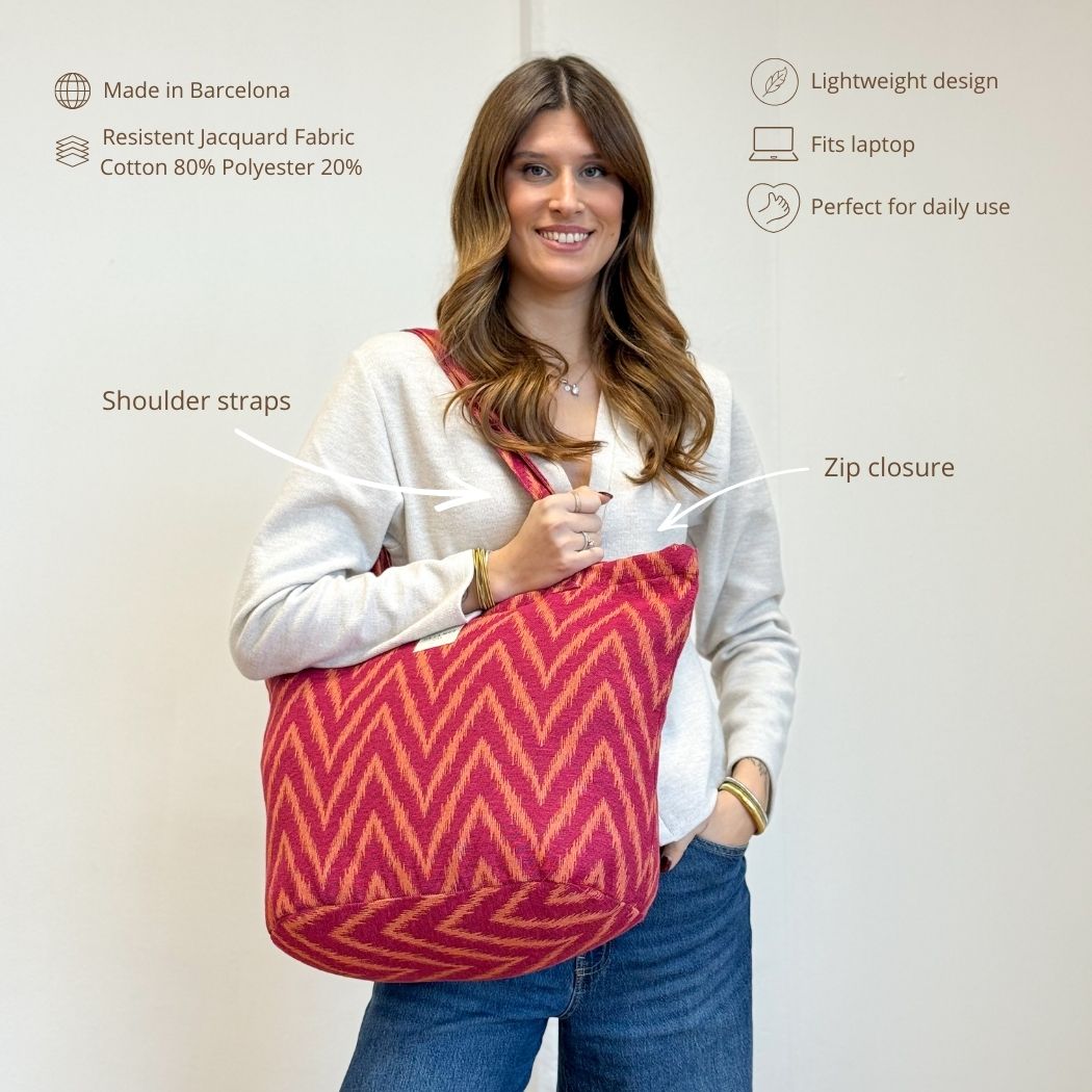 Model wearing the DE LA MUR Fuego zigzag tote, features infographic