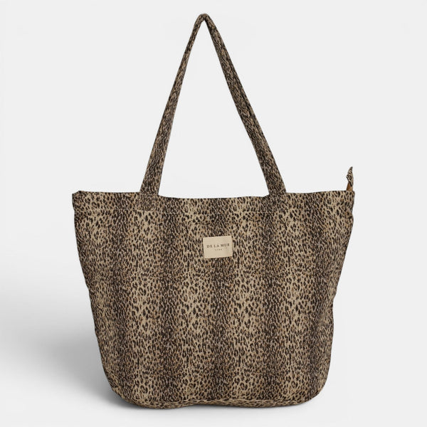 DE LA MUR Leo leopard jacquard large zippered bag in beige and black, front view