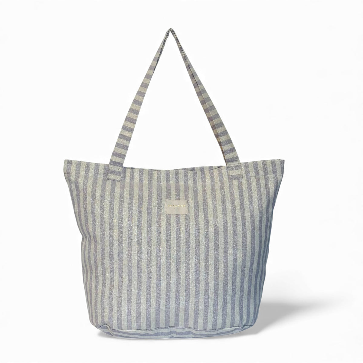 DE LA MUR lilac and gold striped large zippered tote bag, front view