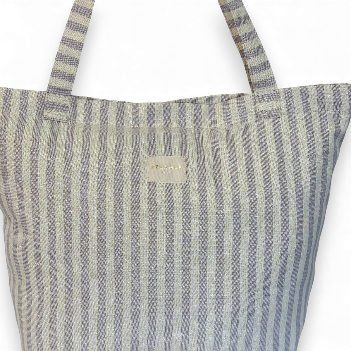 DE LA MUR lilac and gold striped tote bag back view with label