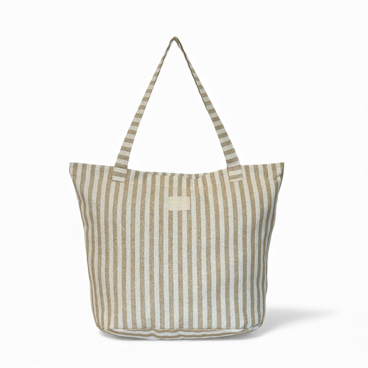 DE LA MUR mustard and gold striped large zippered tote bag, front view