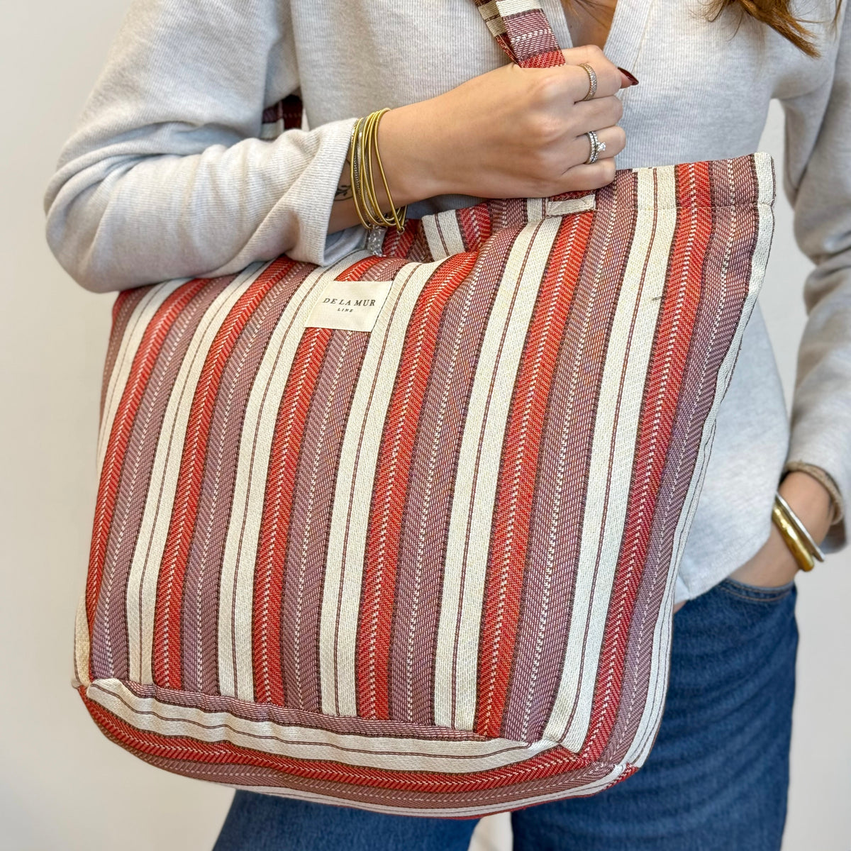 Striped Jacquard Large Zippered Bag – Lilac & Burgundy (Make)