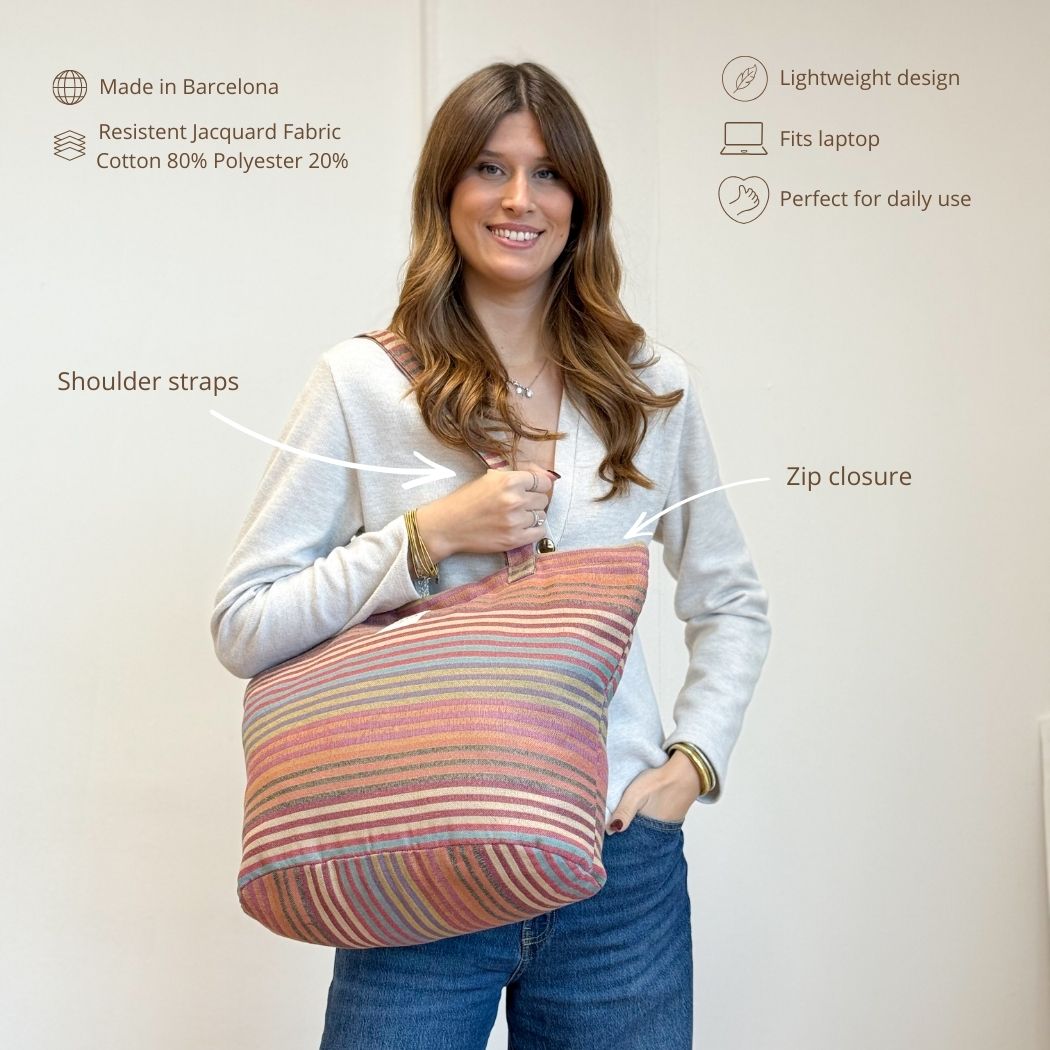 Model holding the DE LA MUR multicolor jacquard tote, features infographic