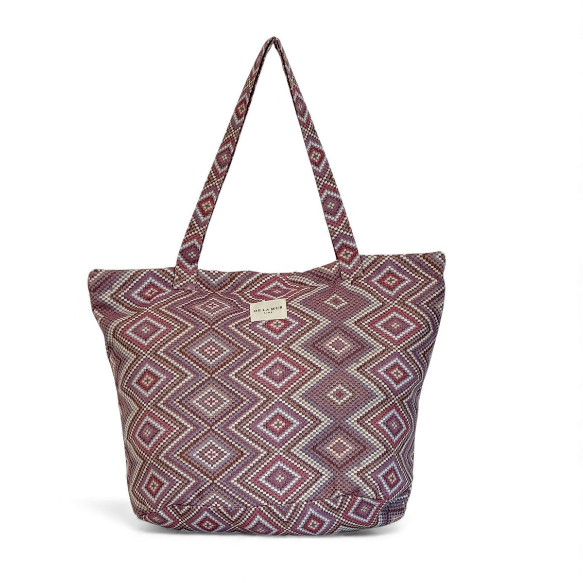 DE LA MUR Nana zippered tote bag in pink and lilac geometric jacquard, front view