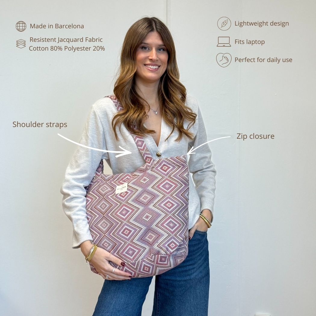 Model holding the DE LA MUR Nana jacquard tote, features infographic with fabric details