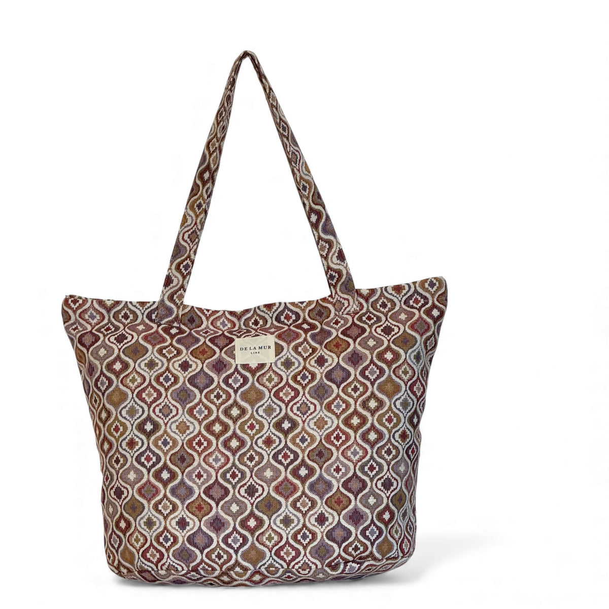 DE LA MUR Onda zippered tote bag in pink and lilac geometric jacquard, front view
