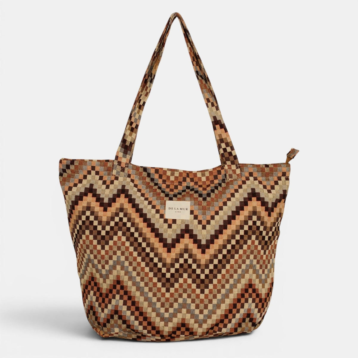 DE LA MUR Pier zigzag jacquard large zippered bag in brown and beige, front view