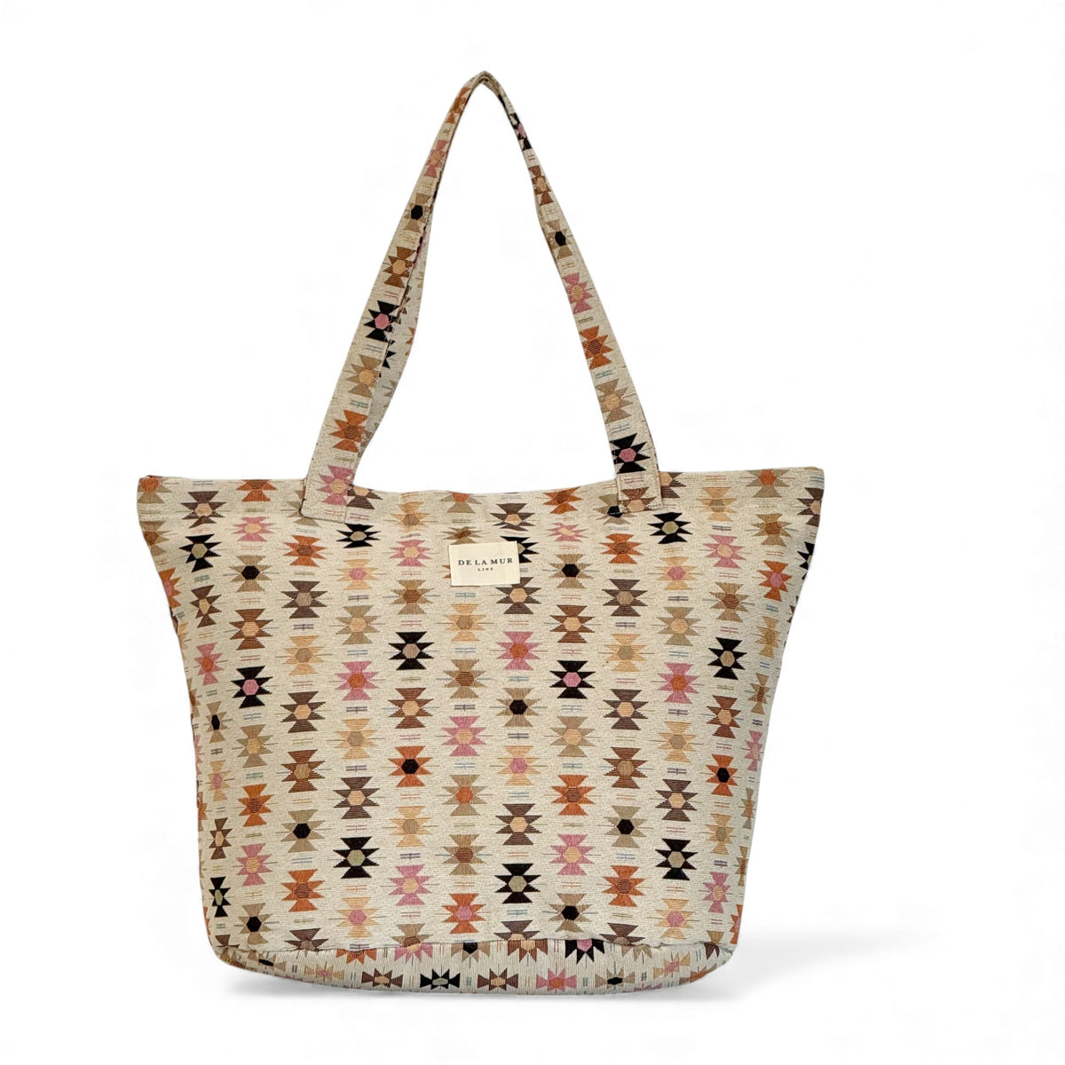 DE LA MUR Royal zippered tote bag in pink and orange geometric jacquard, front view