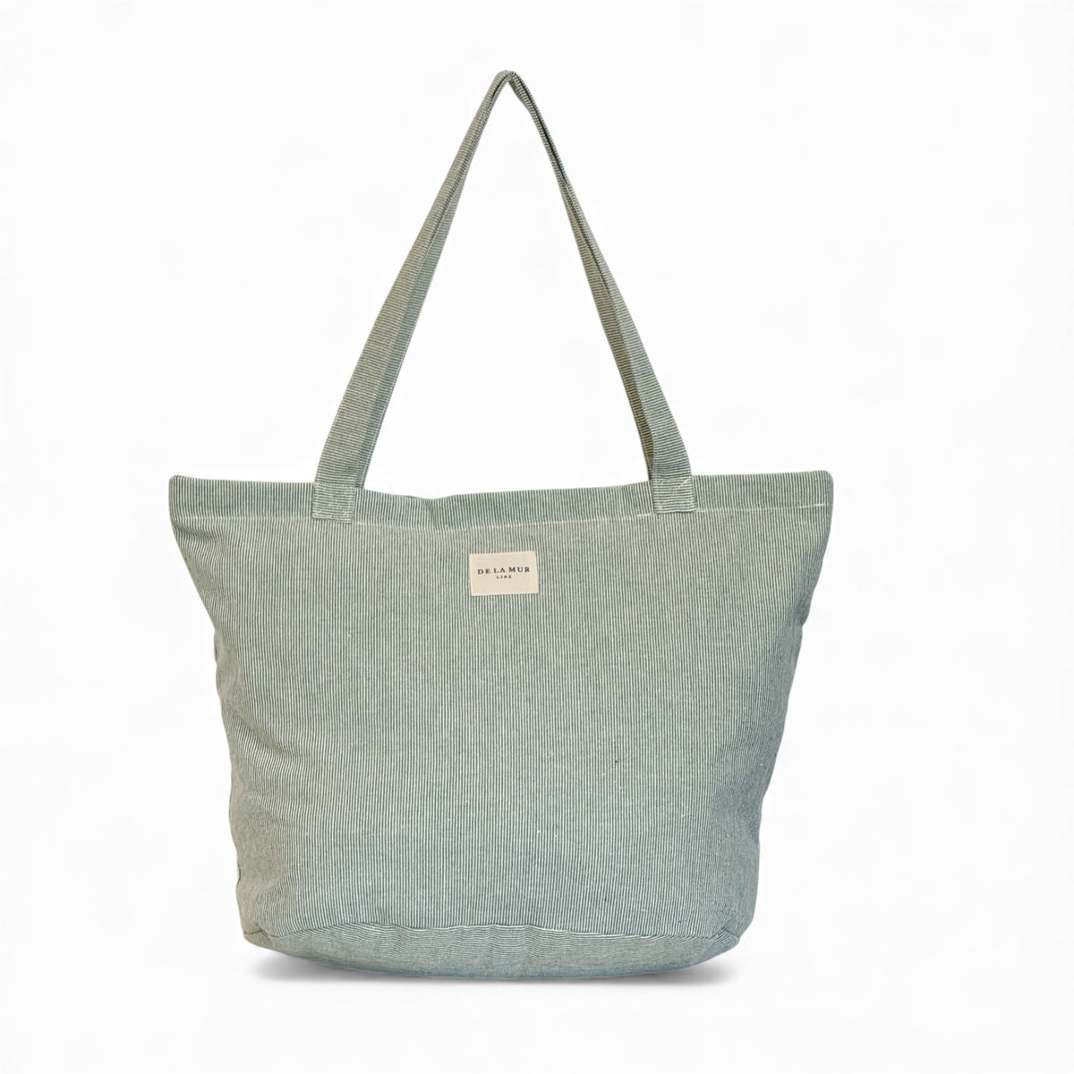 DE LA MUR Teo zippered tote bag in light green and green textured stripe, front view