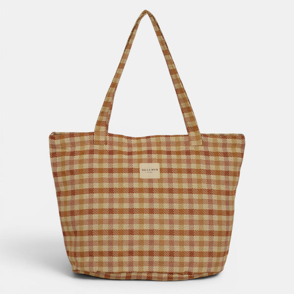 DE LA MUR Zia gingham jacquard large zippered bag in terracotta and orange, front view