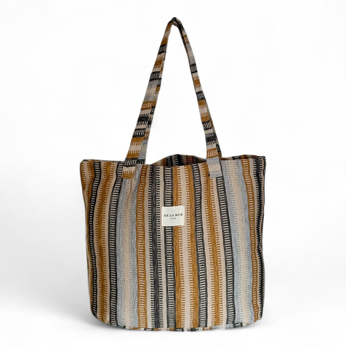 DE LA MUR gray and mustard striped jacquard large tote bag, front view