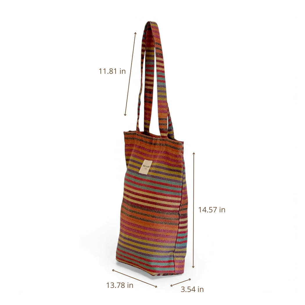 Dimensions diagram in inches of the DE LA MUR Maria multicolor striped bag