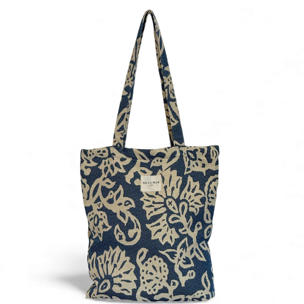 DE LA MUR Akay medium zippered bag in off-white and blue floral jacquard, front view