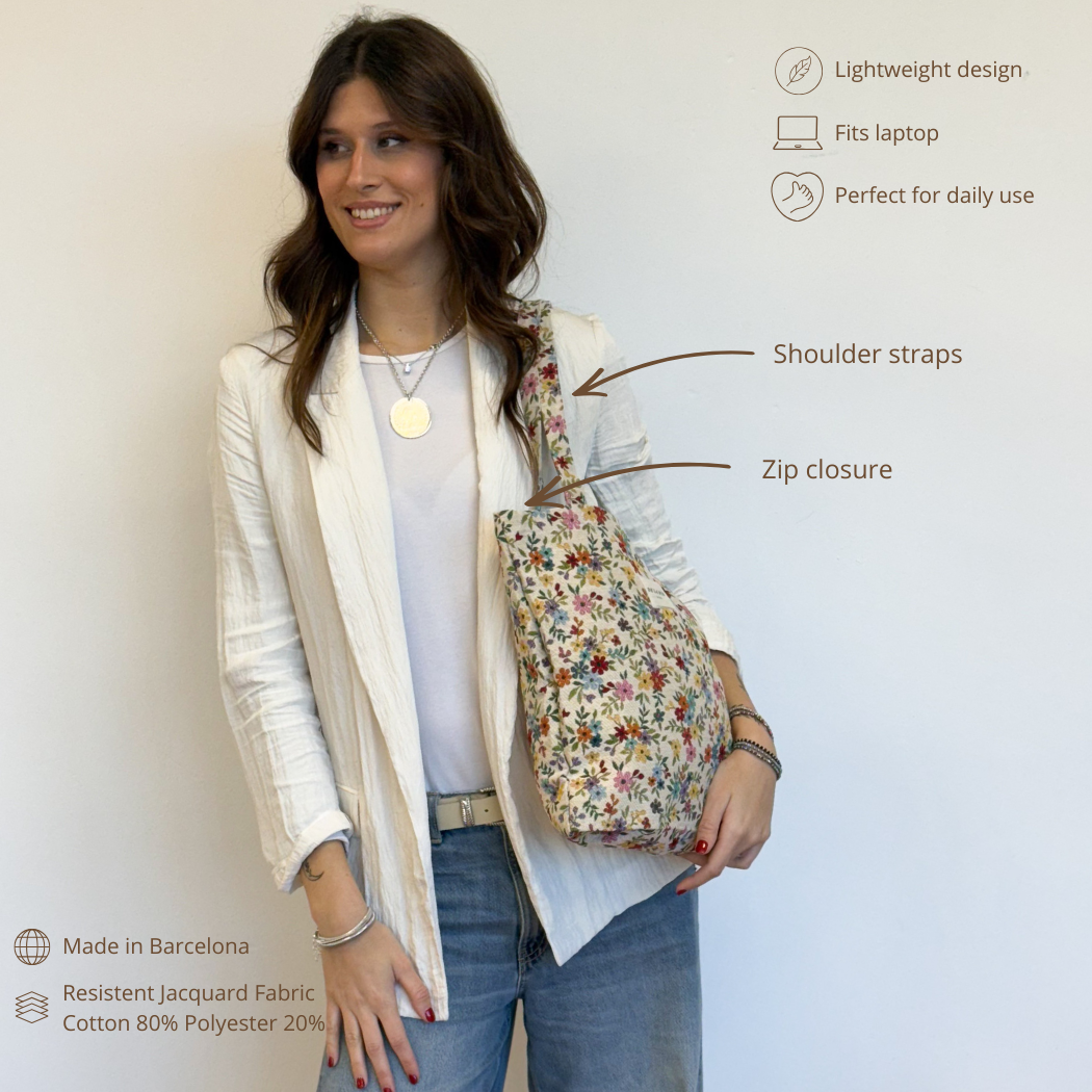 Model with DE LA MUR Blum floral bag, features infographic: laptop fit, zip closure, straps