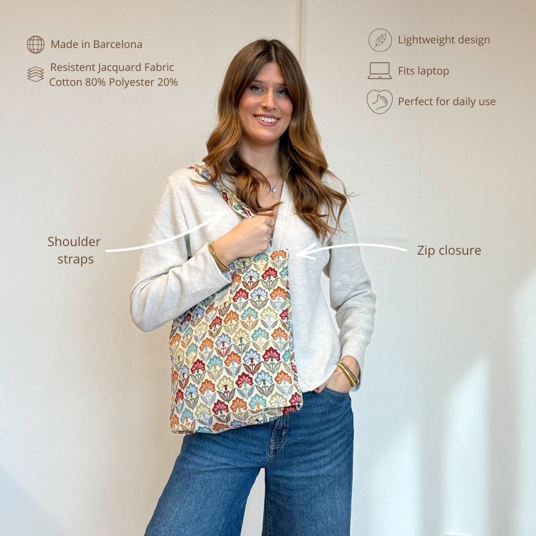 Open DE LA MUR floral Flora bag showing zip closure and inner label