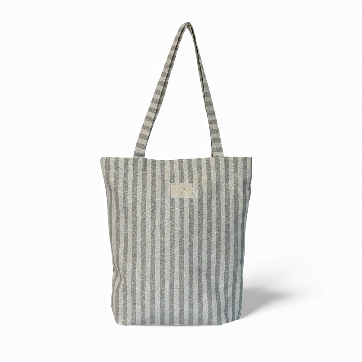 DE LA MUR Lugris striped zippered bag in gray and gold, front view