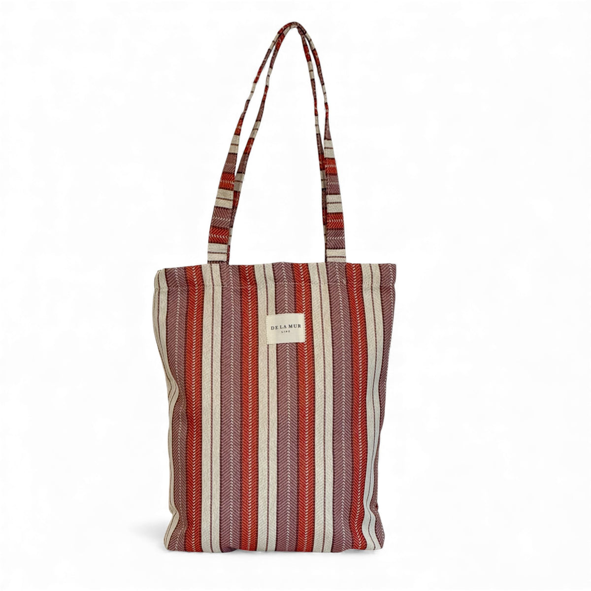 DE LA MUR Make striped jacquard zippered bag in lilac and burgundy, front view