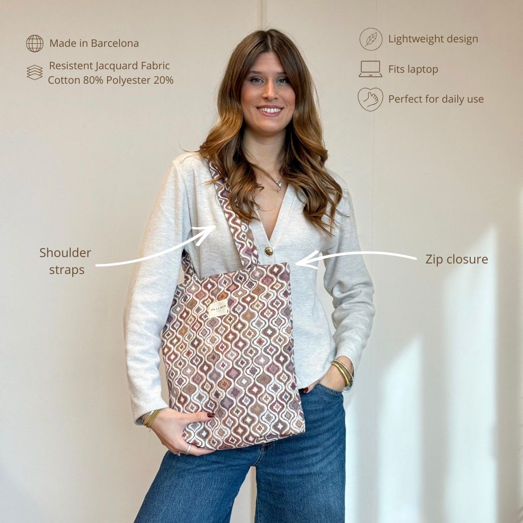 Open DE LA MUR Onda bag showing pink top zip closure and ogee jacquard weave