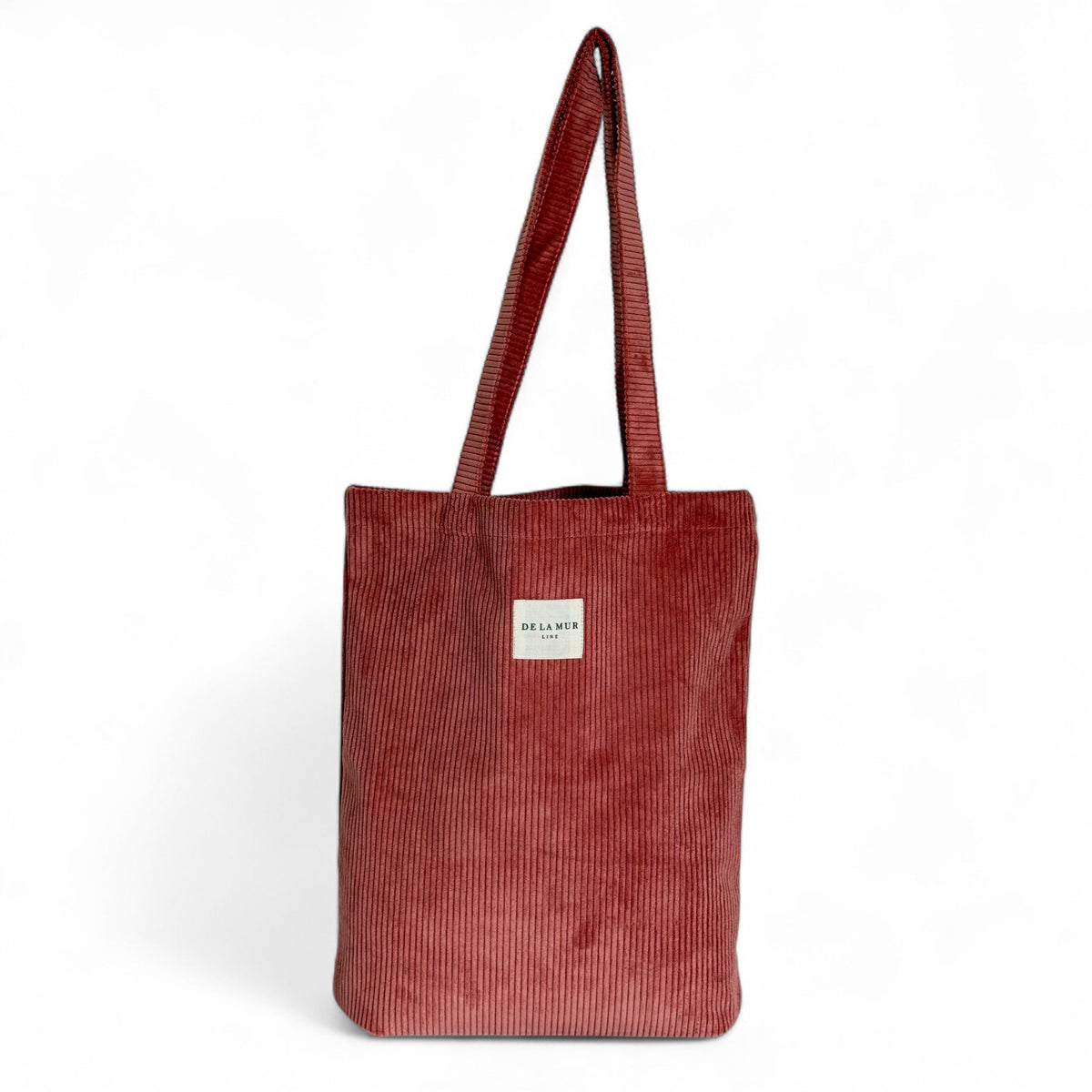 DE LA MUR coral corduroy medium tote bag with long handles, front view