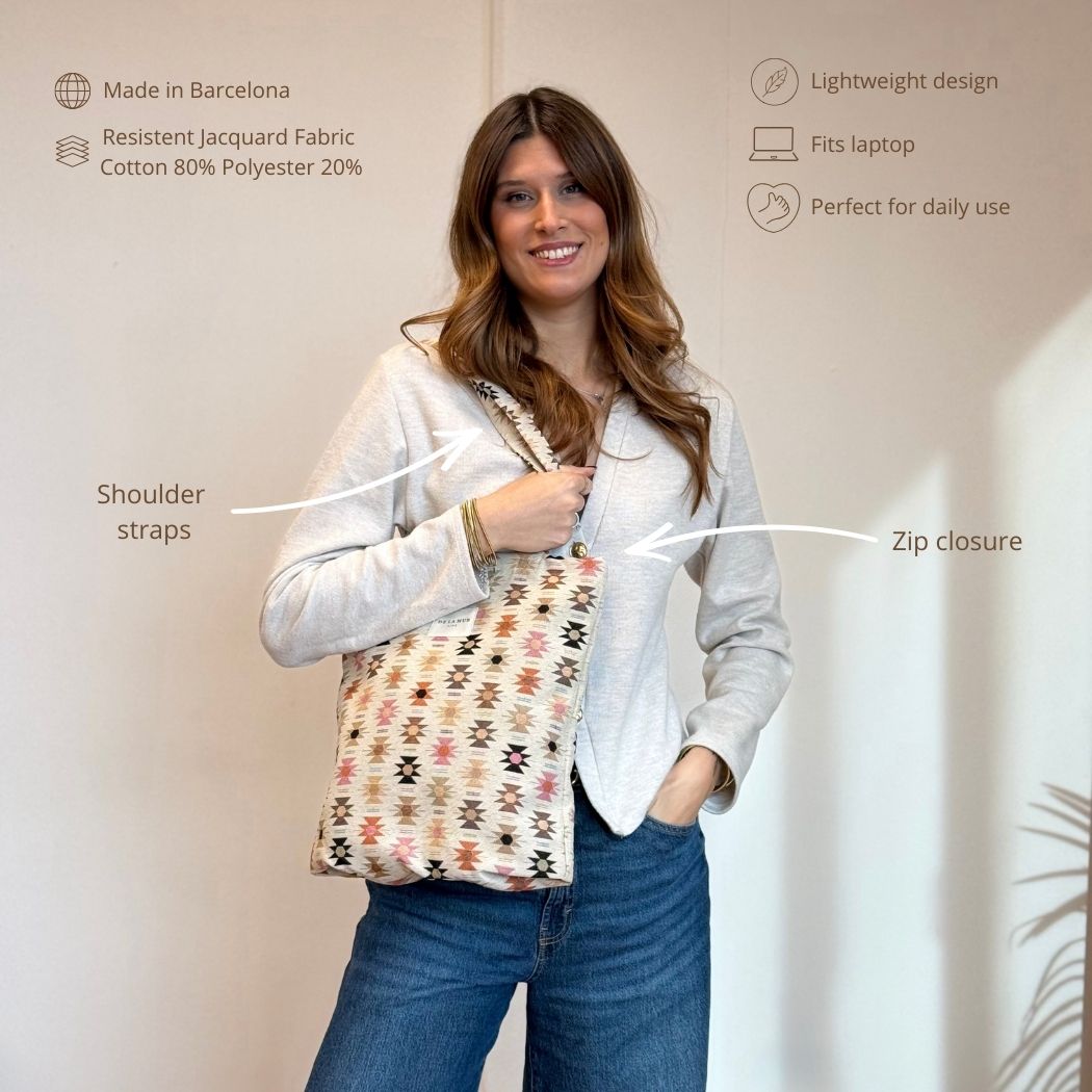 Features infographic of the DE LA MUR Royal geometric jacquard bag with model